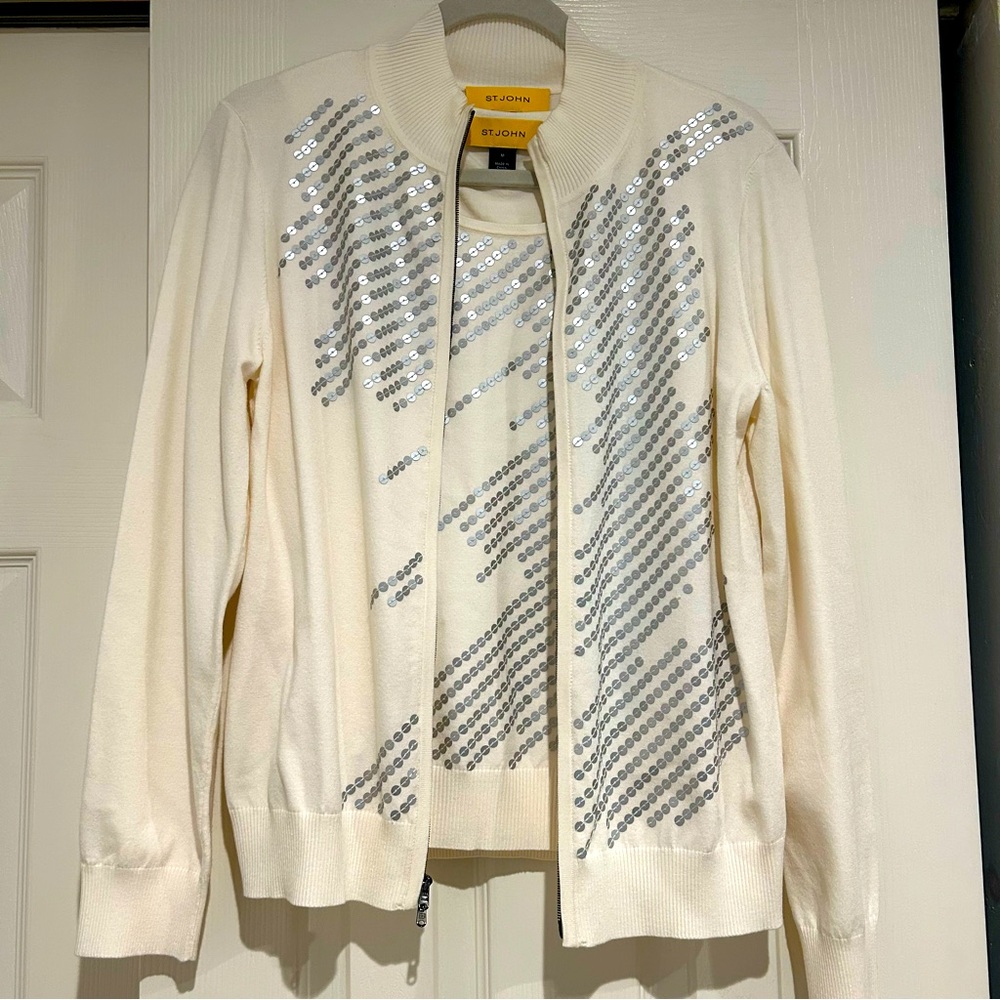 St. John Ivory Cardigan with Shimmering Silver Accents zip up sweater with tank - Picture 2 of 8